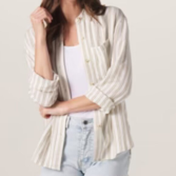 Oversized Boyfriend Button-down Linen Blend Shirt Cream with Stripes Siz… - Picture 13 of 13